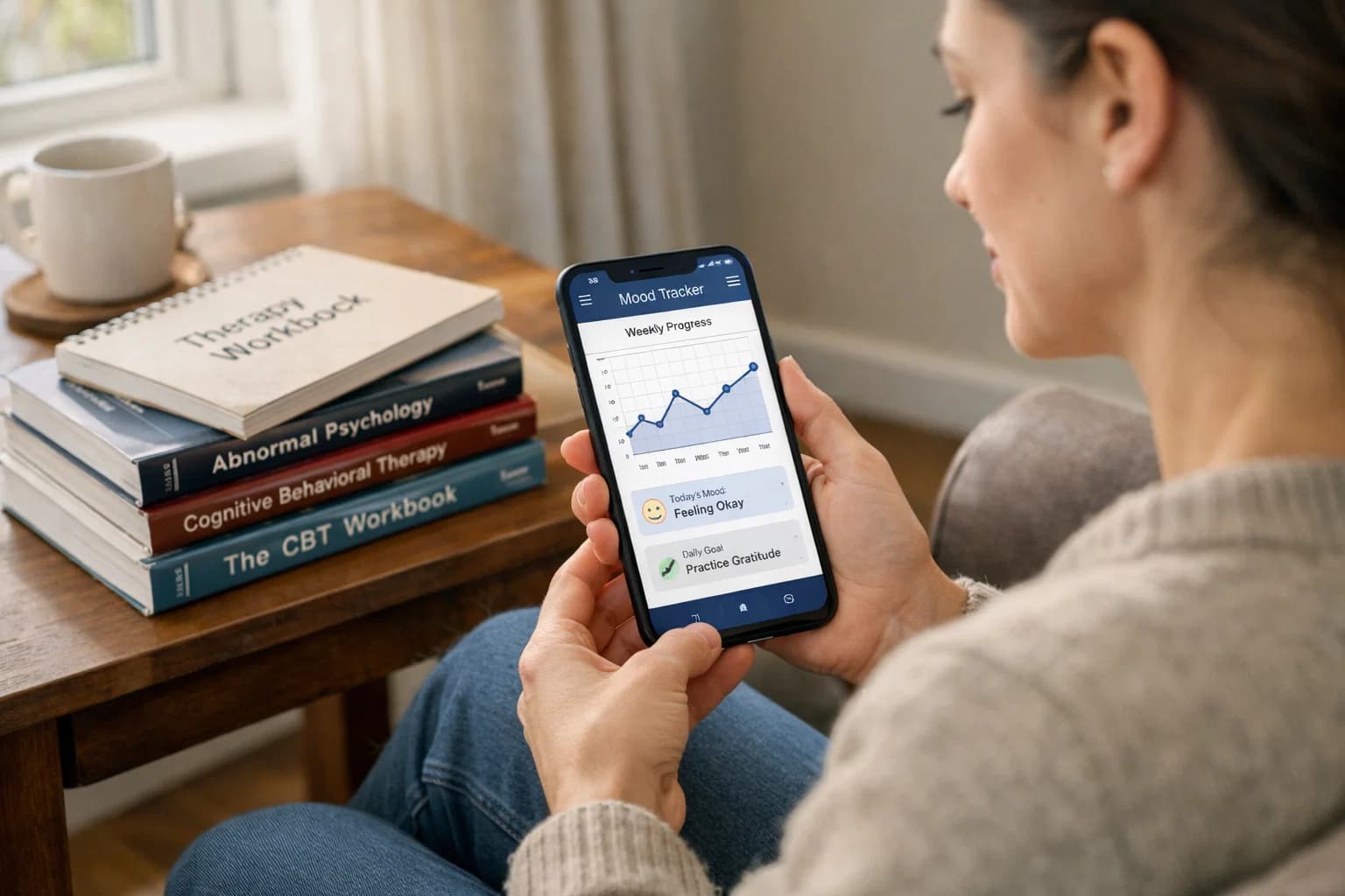 Person using a mood tracker app on their phone with cognitive behavioral therapy textbooks on the table