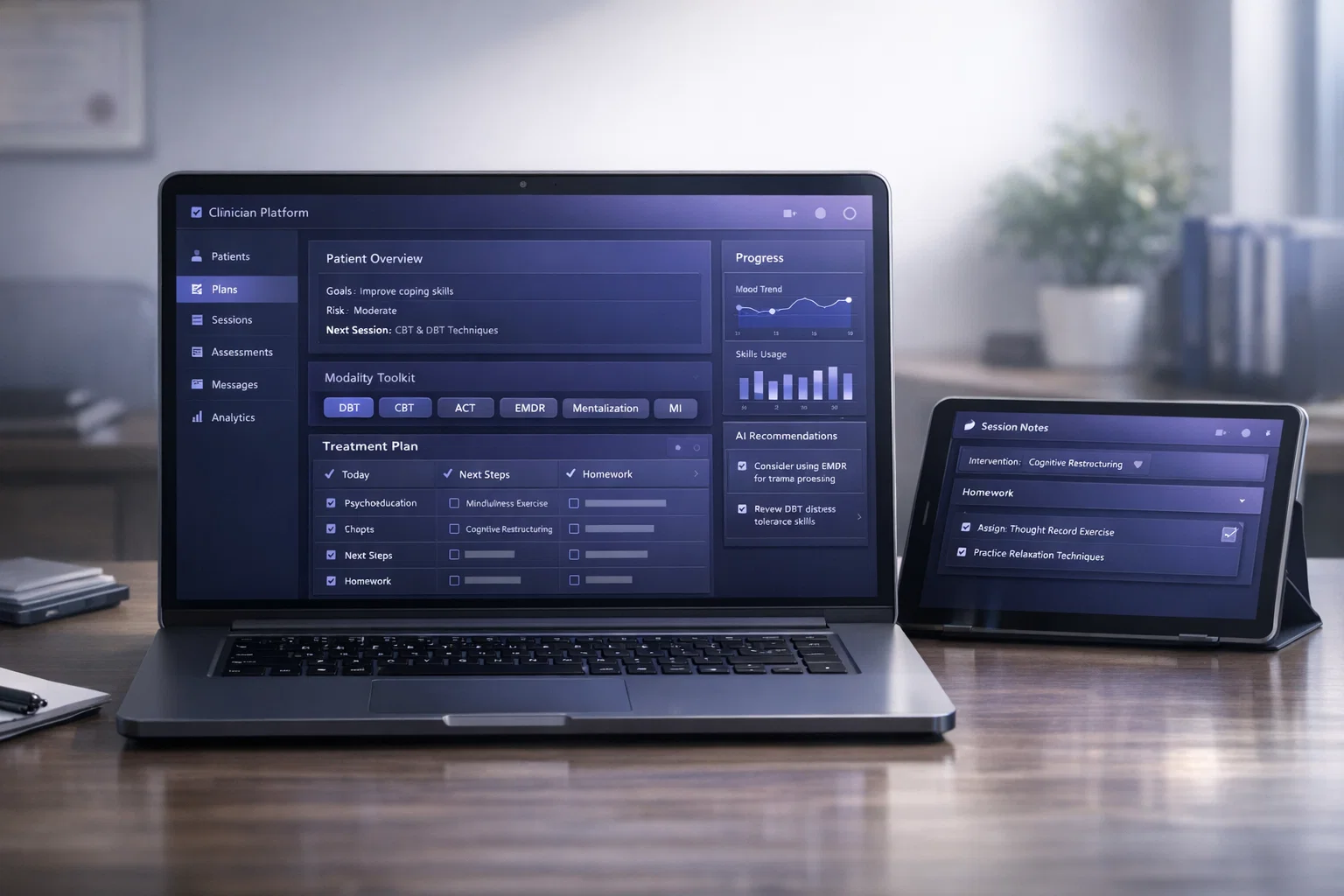 Resiliens Clinician Platform showing patient overview, treatment plans, and session notes