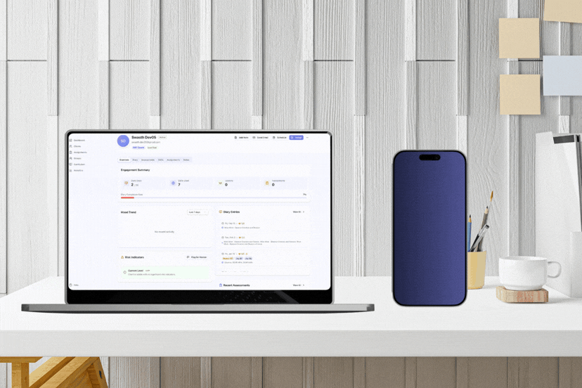 Plateforme clinicien Resiliens montrant l'aperçu du patient, les plans de traitement et les notes de séance